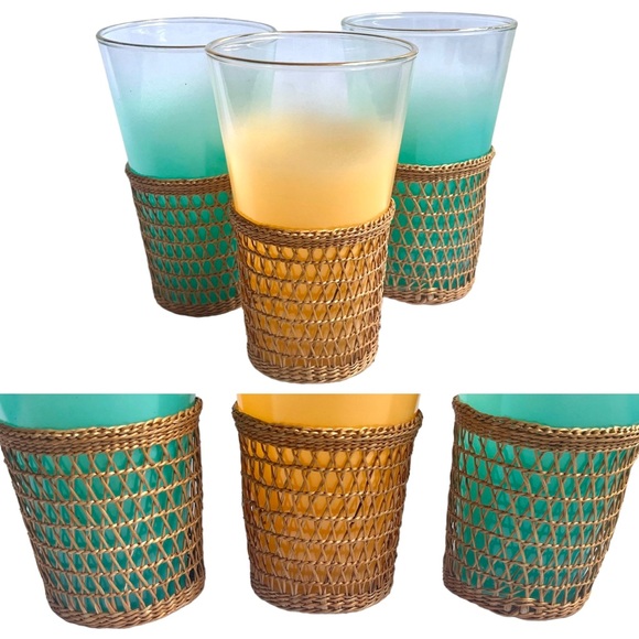 Vintage Rattan Raffia Seagrass Drinking Glass Sleeves Cup Holders Boho Woven 70s - Picture 1 of 7